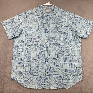 Columbia Button Up Shirt Mens XL Blue‎ Regular Fit Outdoor Gear Allover Print